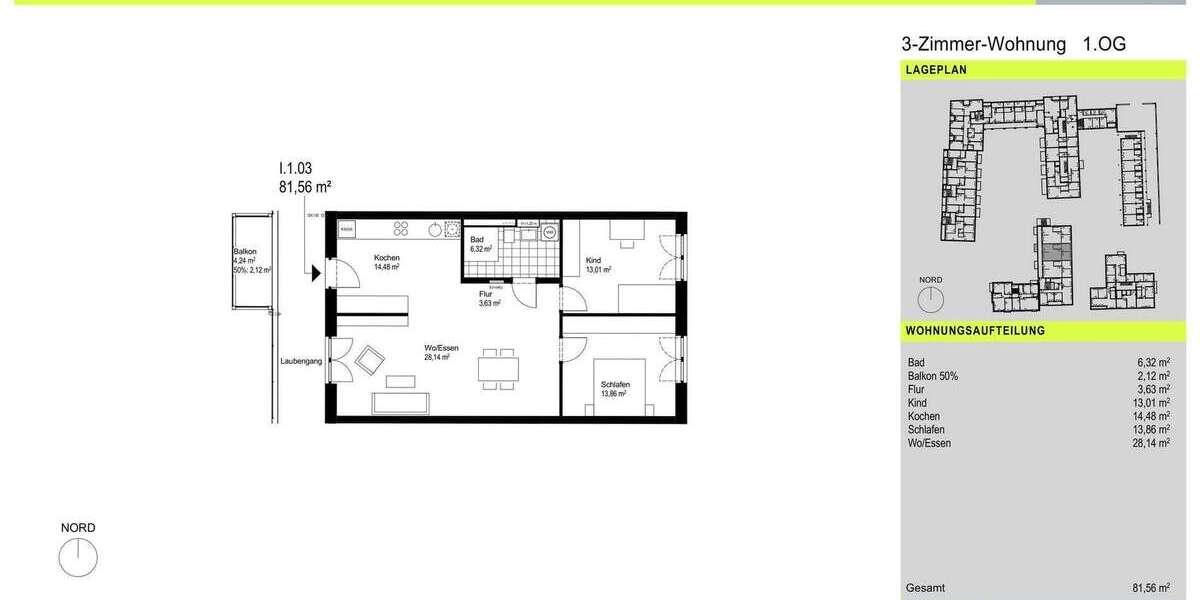 Etagenwohnung Augsburg Oberhausen - 3 Zimmer, 82 m&sup2;, 1.379&euro; | Angebot:27357732
